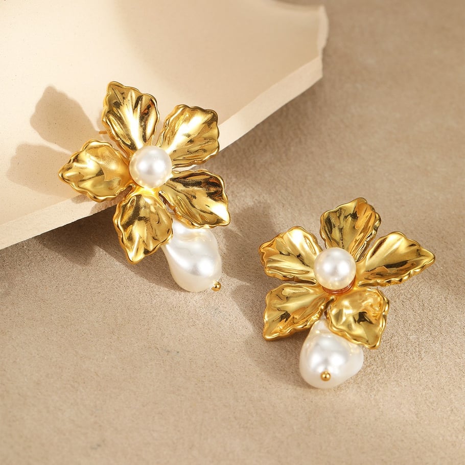 Pendientes colgantes de acero inoxidable con diseño de flores de lujo para mujer Imagen2