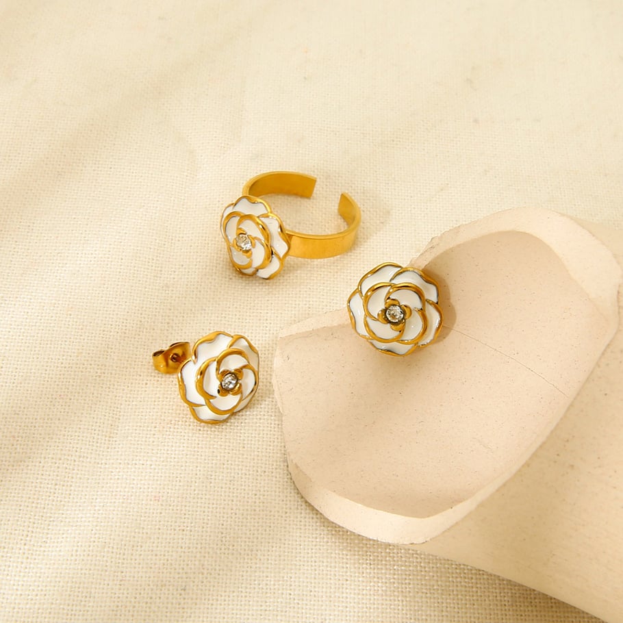 Luxurious  Elegant Flower Stainless Steel   Gold Color  Rings Display Set Picture3