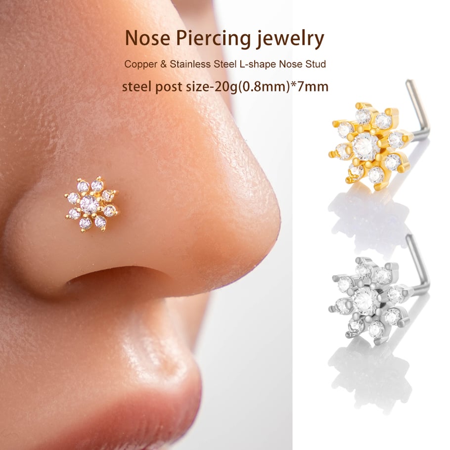 1 pièce de clou de nez en forme de fleur en cuivre doré et zircon pour femme Image4
