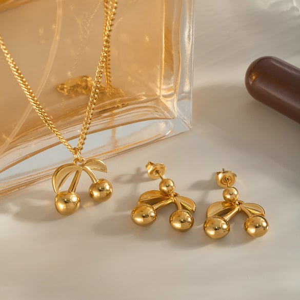 Cute Cherry Stainless Steel Gold Color Pendant Necklaces