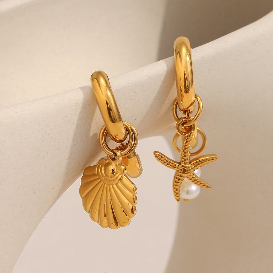 1 par de pendientes colgantes dorados con forma de concha oceánica para mujer Imagen3