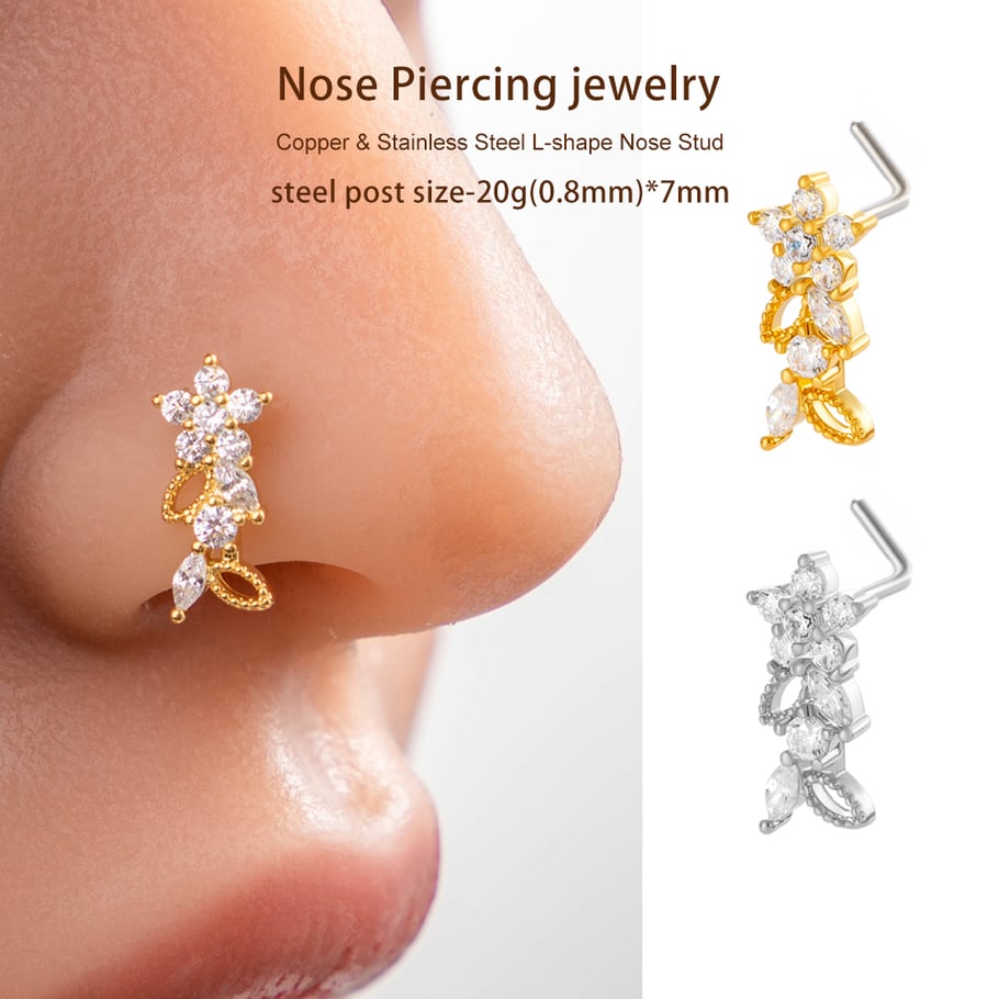 1 pièce de clou de nez en forme de fleur en cuivre doré et zircon pour femme Image5