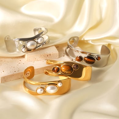 1 Paar Simple Series Tägliche Edelstahl Goldfarbene Perlen Damen Armreifen h5 Bild3