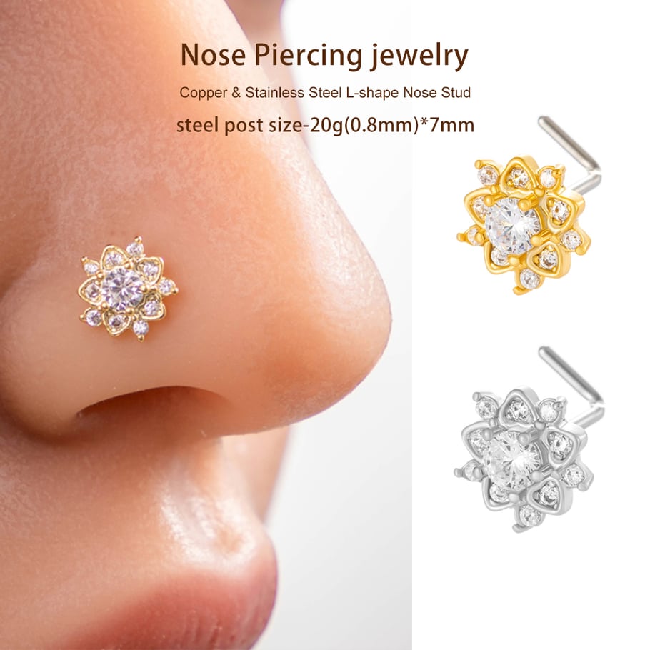 1 pièce de clou de nez luxueux en forme de fleur, couleur cuivre et or, serti de zircons pour femme Image4