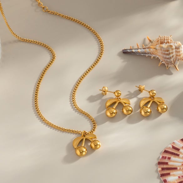 Cute Cherry Stainless Steel Gold Color Pendant Necklaces 2