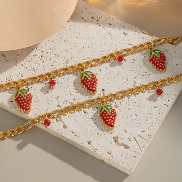 1 Piece Sweet Strawberry Stainless Steel Gold Color Pendant Necklaces 2