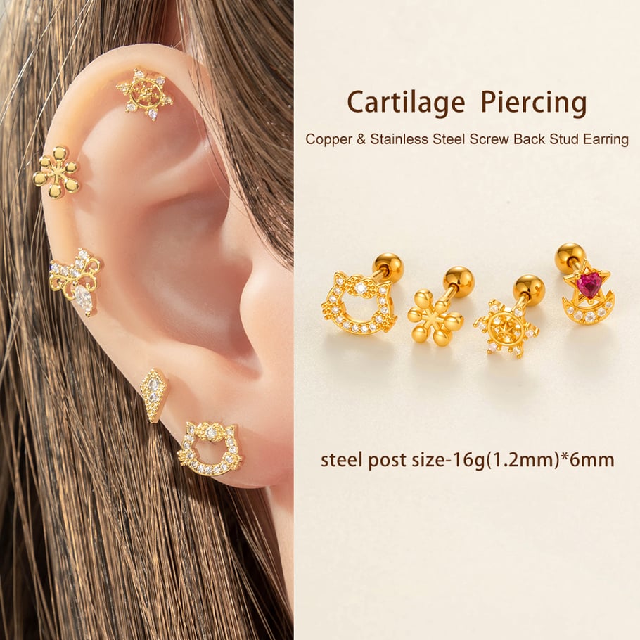 1 Piece Cat Shape Copper Gold Color Zircon Women's Piercings Earrings Picture5