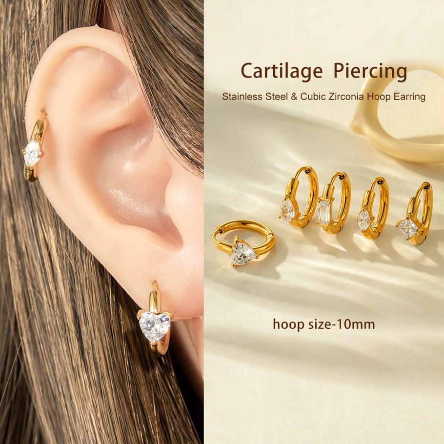 Boucles d&#39;oreilles créoles en acier inoxydable avec zircon couleur or pour femme, 1 pièce Image5