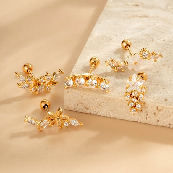 1 Pair Simple Series Simple Star Copper   Gold Color  Zircon Women's Piercings Earrings 2