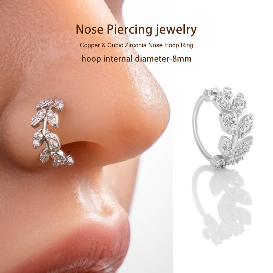 1 pièce de piercing de nez pour femme en forme de feuille, cuivre, couleur or et zircon Image6