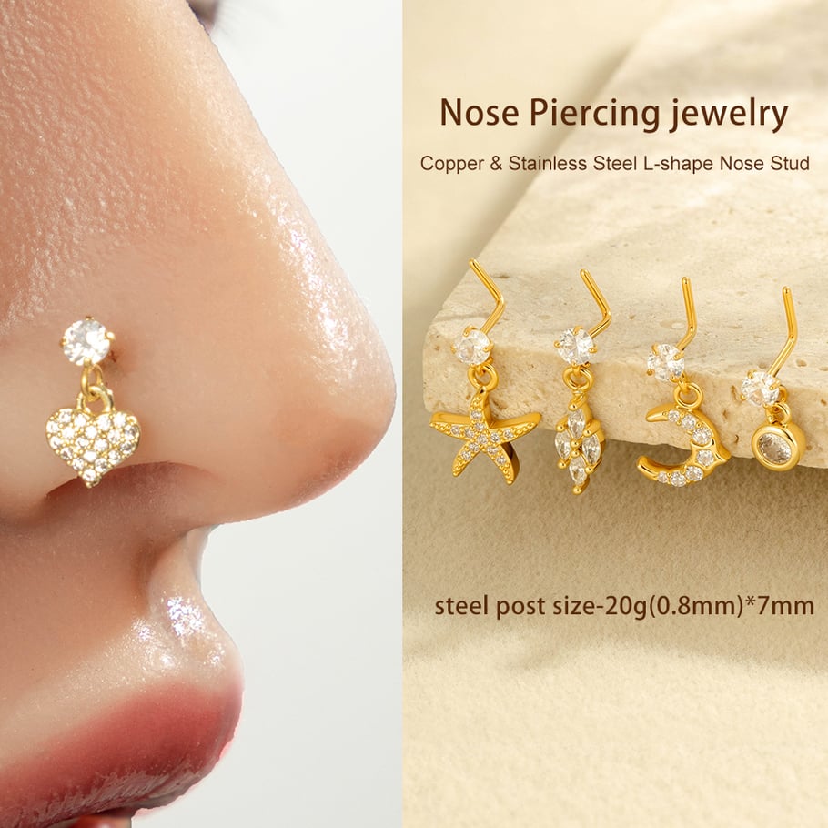 1 paire de piercings de nez pour femme en forme de cœur simple, couleur cuivre et or, zircone Image5