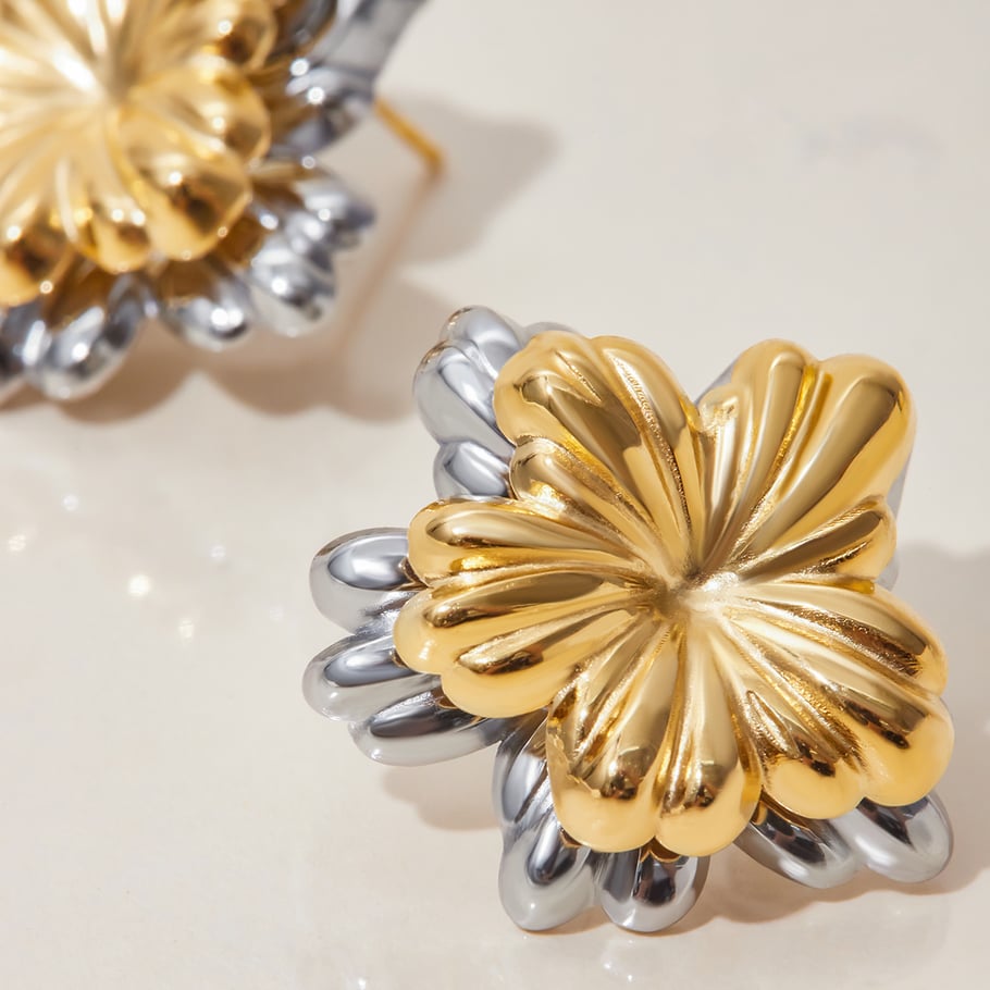 1 par de pendientes de botón de acero inoxidable dorados con diseño de flores de la serie clásica para mujer Imagen6