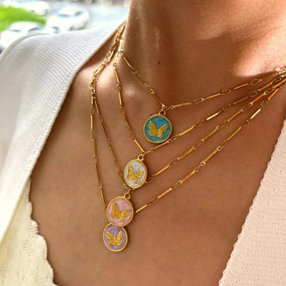 1 Piece Enamel Butterfly Stainless Steel Gold Color Pendant Necklace 2