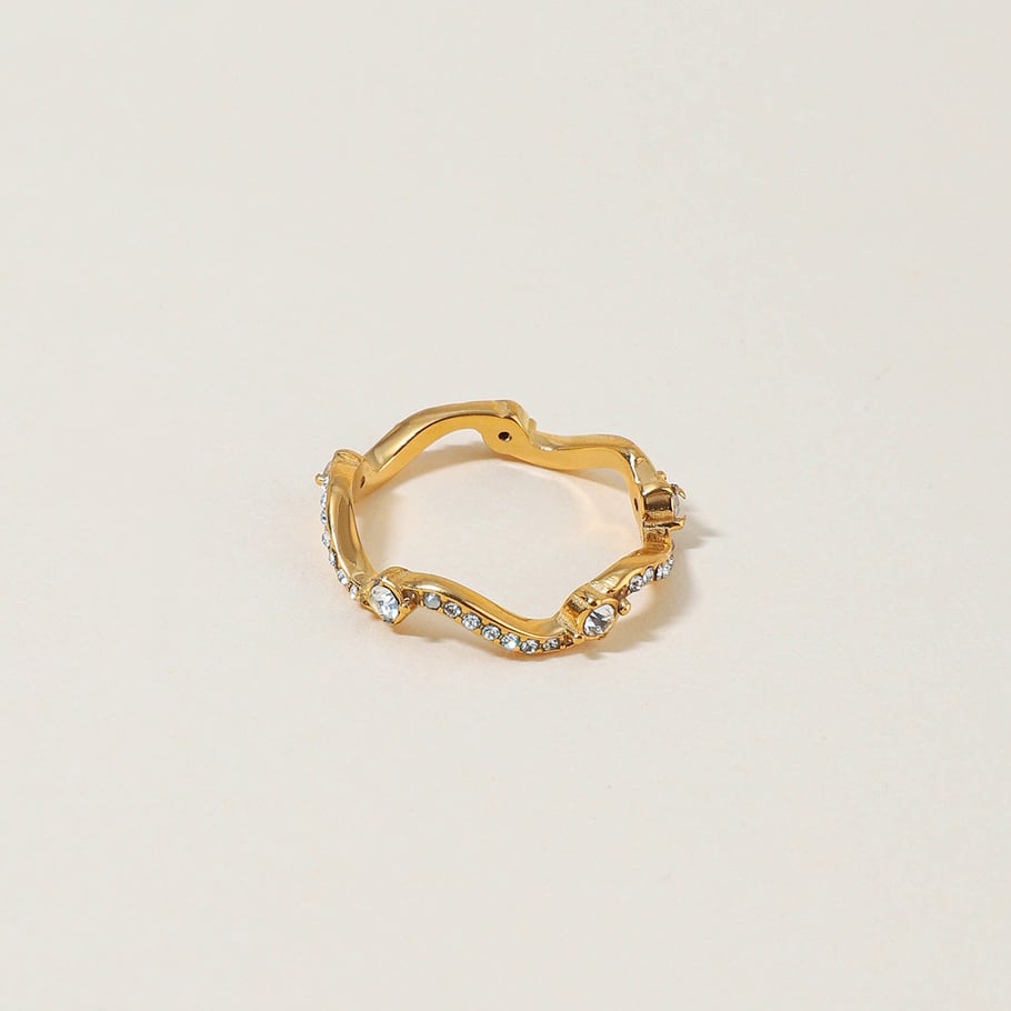 Bague pour femme en acier inoxydable couleur or, série luxueuse, courbée, avec pierres précieuses Image3