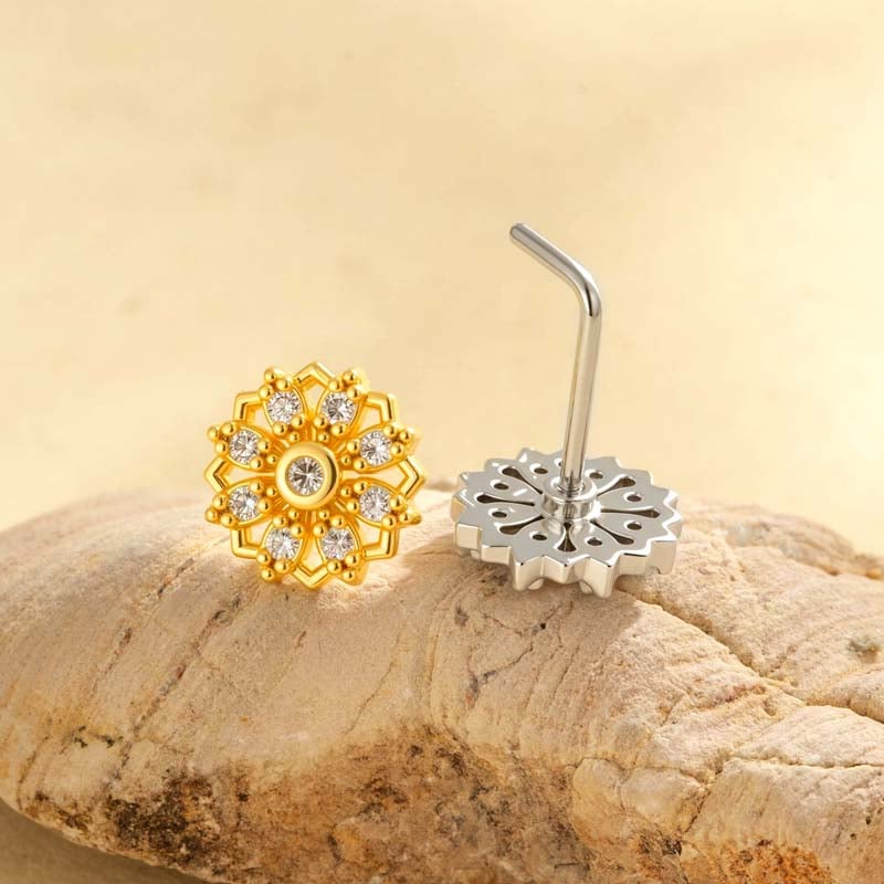 1 pièce de clou de nez pour femme en forme de fleur éblouissante, couleur cuivre et or, zircon Image3