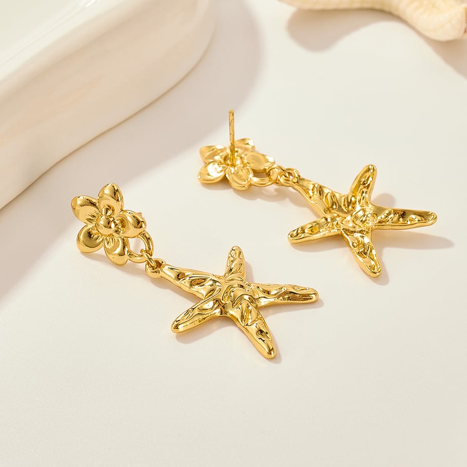 1 paio di orecchini pendenti da donna in acciaio inossidabile color oro a forma di stella marina h5Immagine5