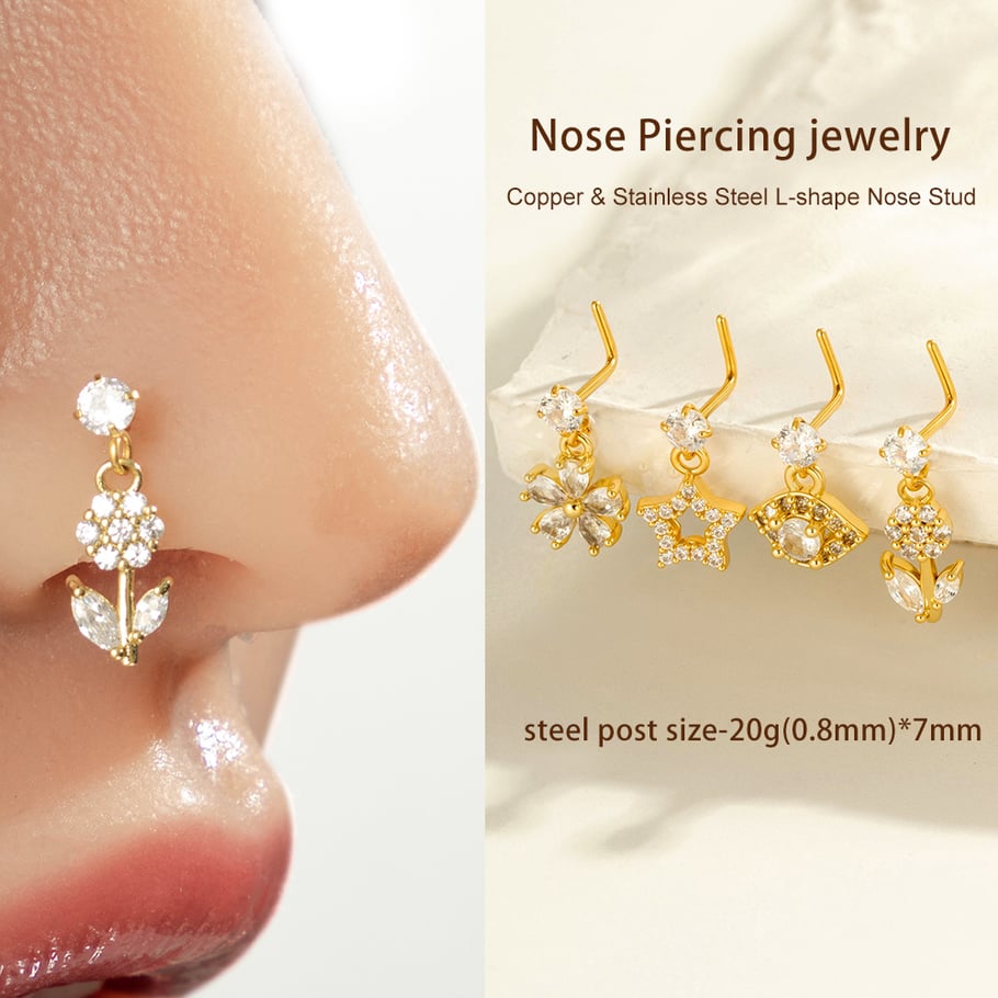 1 paire de piercings de nez pour femme, série Simple, motif soleil/lune, cuivre, or et zircon Image4