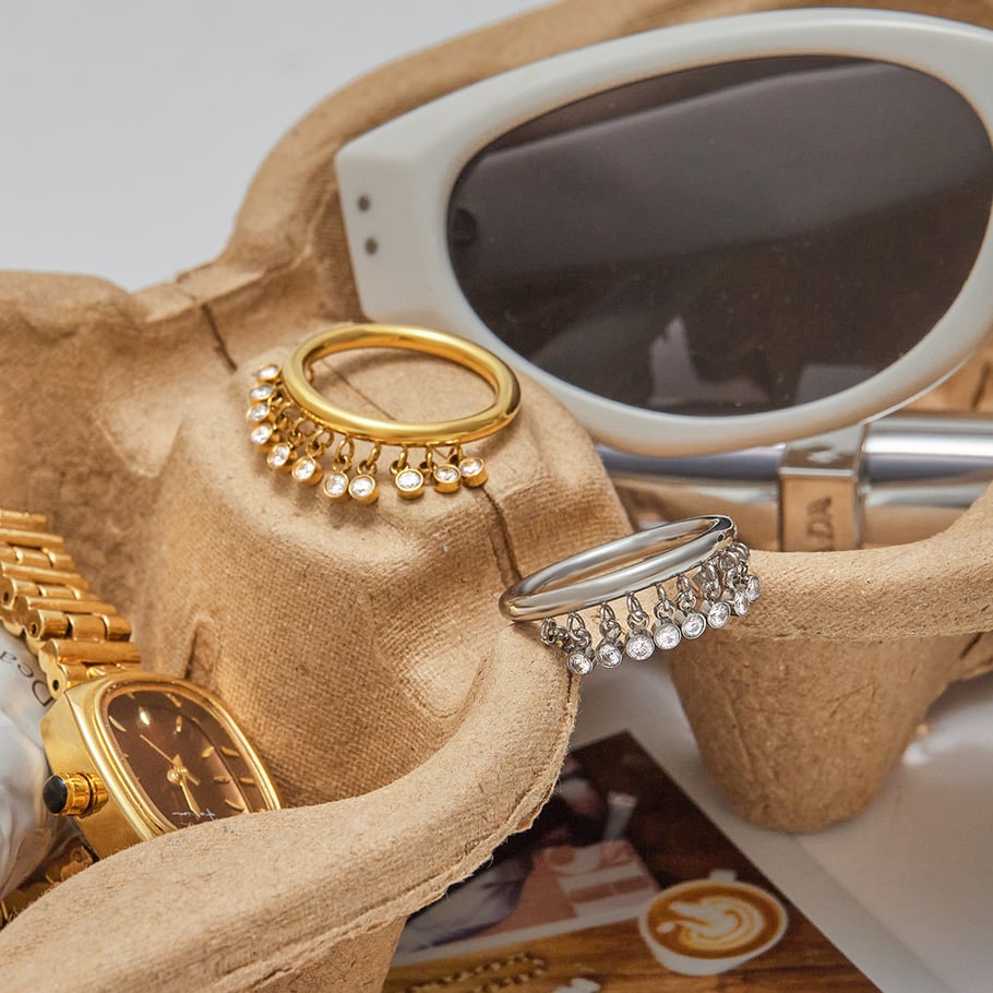 1 stuk luxe serie origineel ontwerp kwast roestvrij staal goudkleurige dames edelsteen ringen Afbeelding2