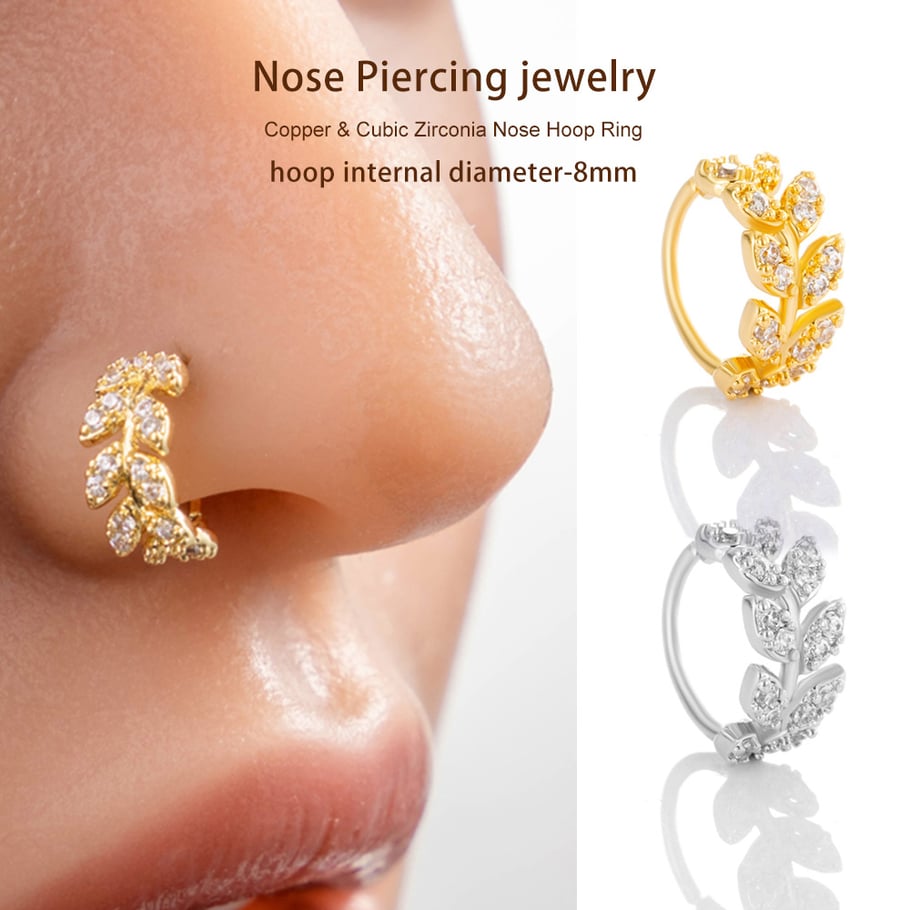 1 pièce de piercing de nez pour femme en forme de feuille, cuivre, couleur or et zircon Image4