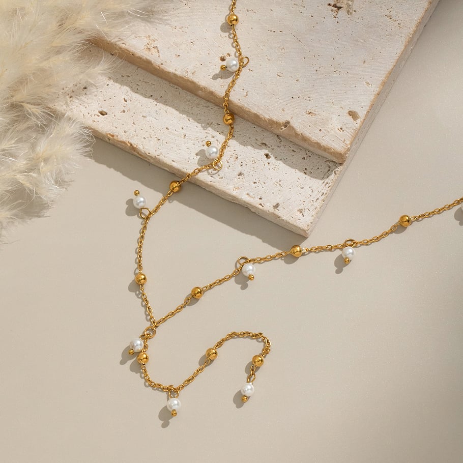 1 Piece Stainless Steel Gold Color Pearl Beaded Necklace Picture2