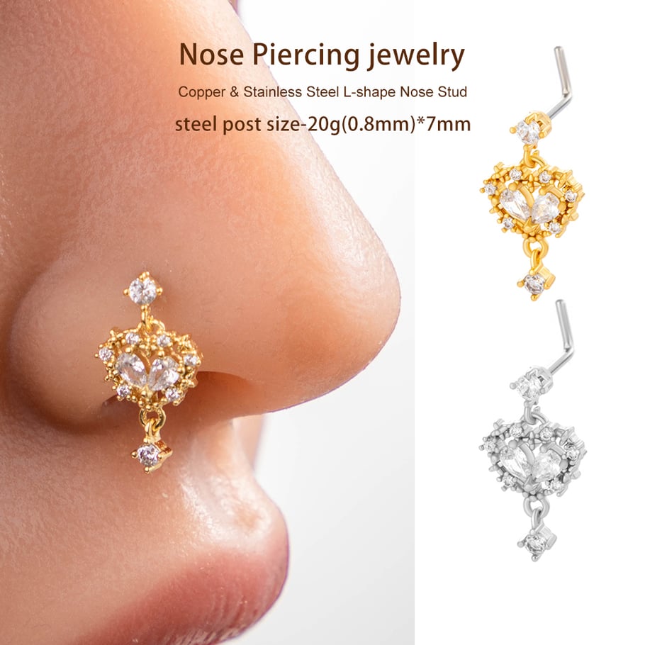 1 pièce de piercing de nez en forme de cœur en cuivre doré et zircon pour femme Image4