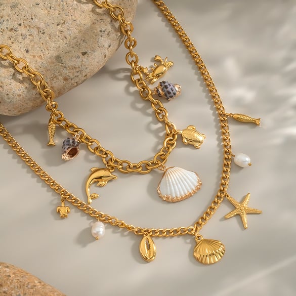 1 Piece Oceanic Stainless Steel Gold Color Shell Pendant Necklace