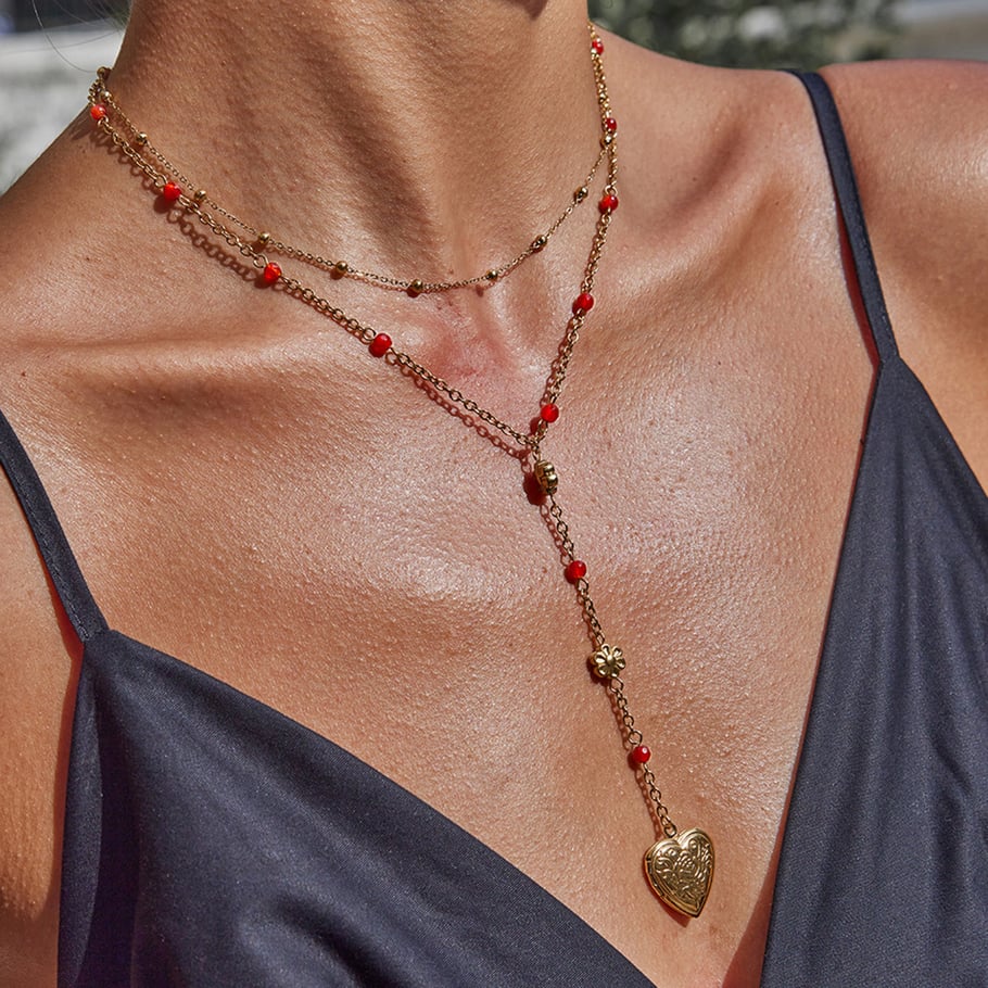 Collier multicouches sophistiqué en acier inoxydable doré pour femme, 1 pièce, motif cœur Image3