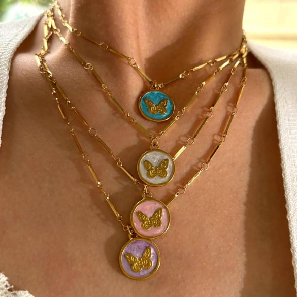 1 Piece Enamel Butterfly Stainless Steel Gold Color Pendant Necklace