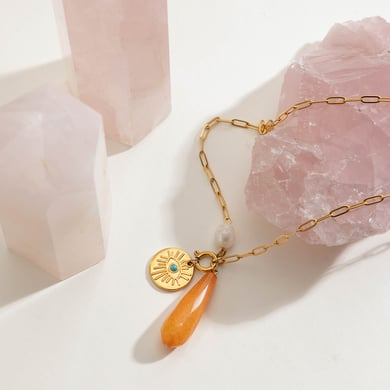 1 pezzo di collana con ciondolo da donna in acciaio inossidabile color oro con pietra naturale irregolare h5 Immagine7