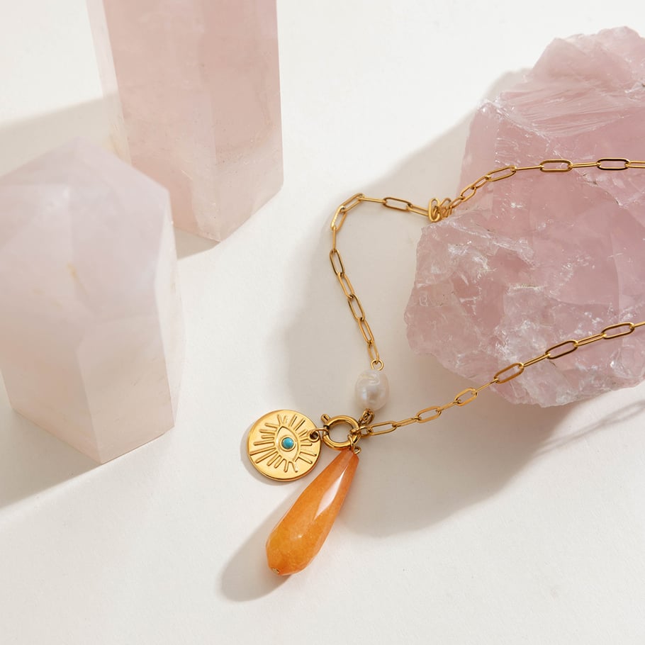 1 pezzo di collana con ciondolo da donna in acciaio inossidabile color oro con pietra naturale irregolare Immagine7