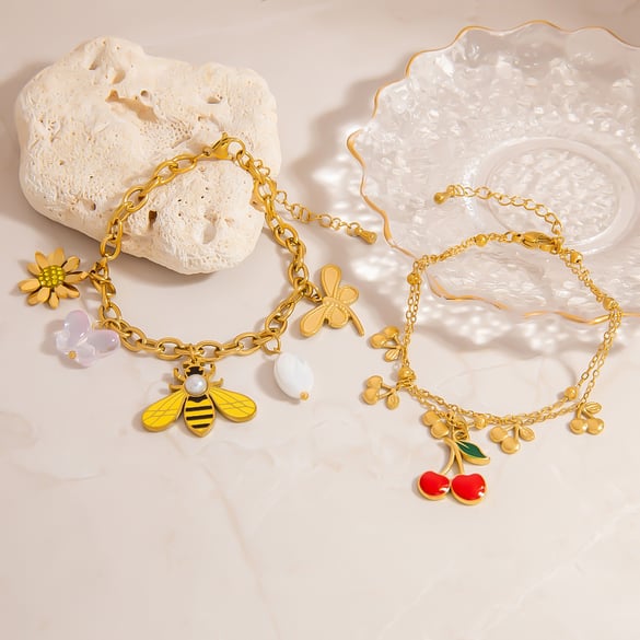 1 Piece Cherry Stainless Steel Gold Color Charm Bracelet 2