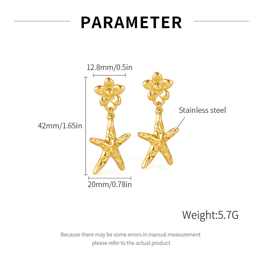 1 paio di orecchini pendenti da donna in acciaio inossidabile color oro a forma di stella marina h5Immagine2