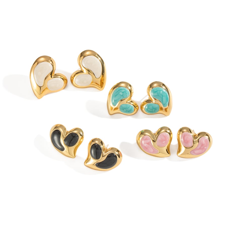 1 paio di orecchini a bottone in acciaio inossidabile smaltato a forma di cuore color oro Immagine4