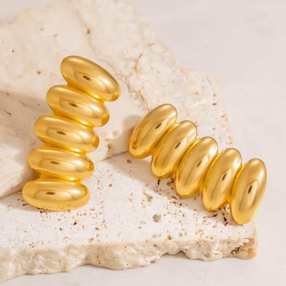 Orecchini a bottone geometrici da donna in acciaio inossidabile color oro con pietra naturale Immagine4