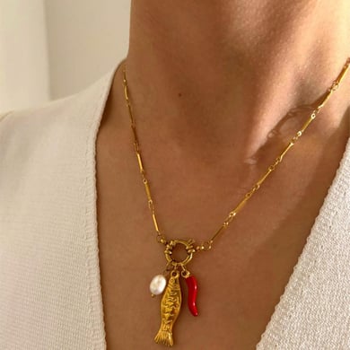 Collana con ciondolo a forma di pesce in acciaio inossidabile color oro, 1 pezzo h5 Immagine2