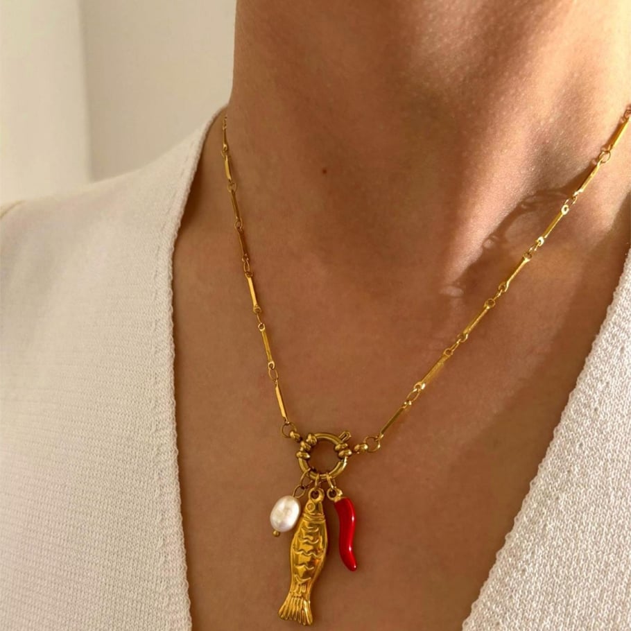 Collana con ciondolo a forma di pesce in acciaio inossidabile color oro, 1 pezzo Immagine2
