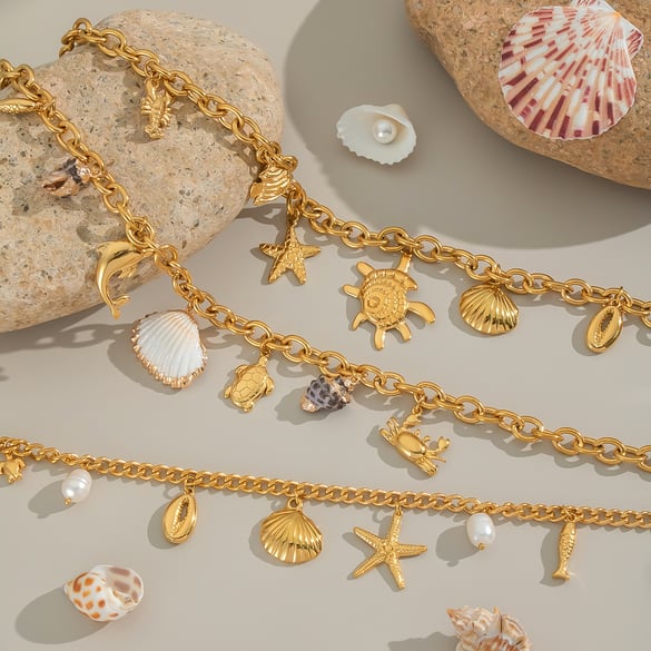 1 Piece Oceanic Stainless Steel Gold Color Shell Pendant Necklace 2