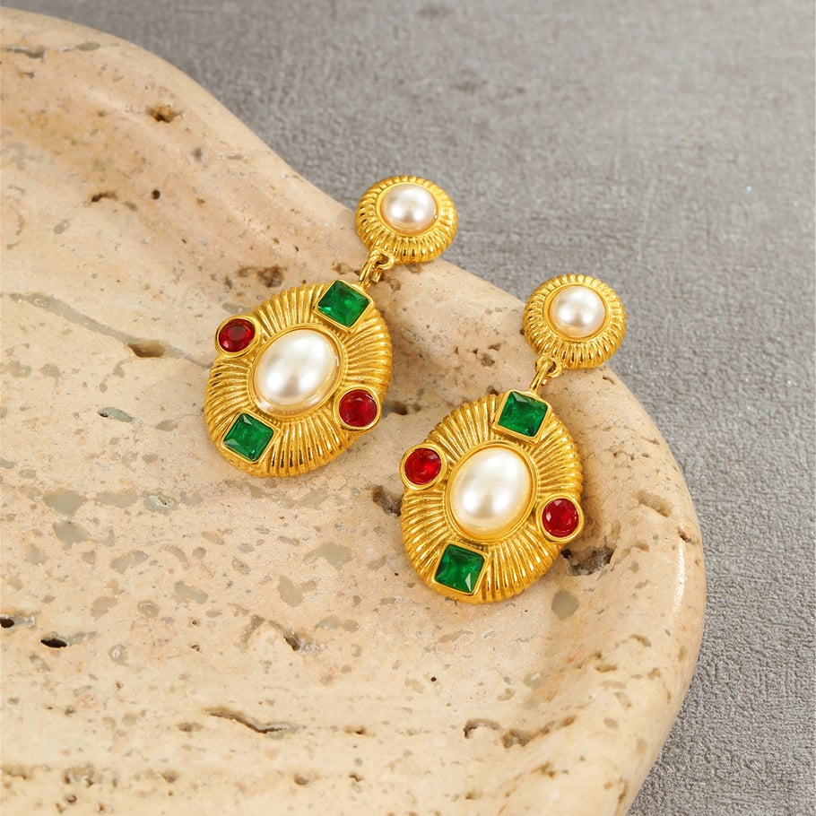 Pendientes colgantes de acero inoxidable con diseño geométrico retro de lujo para mujer Imagen2