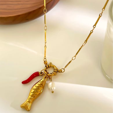 Collana con ciondolo a forma di pesce in acciaio inossidabile color oro, 1 pezzo h5 Immagine3
