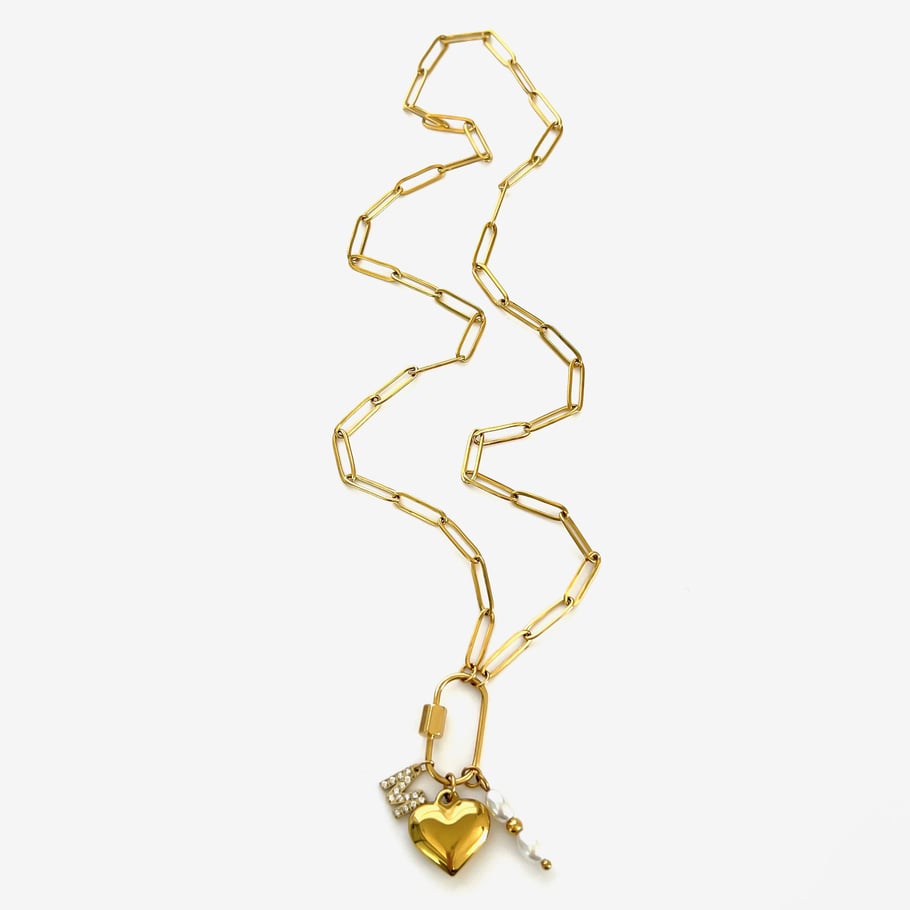 Collana con ciondolo a forma di lettera in acciaio inossidabile color oro con strass, 1 pezzo 