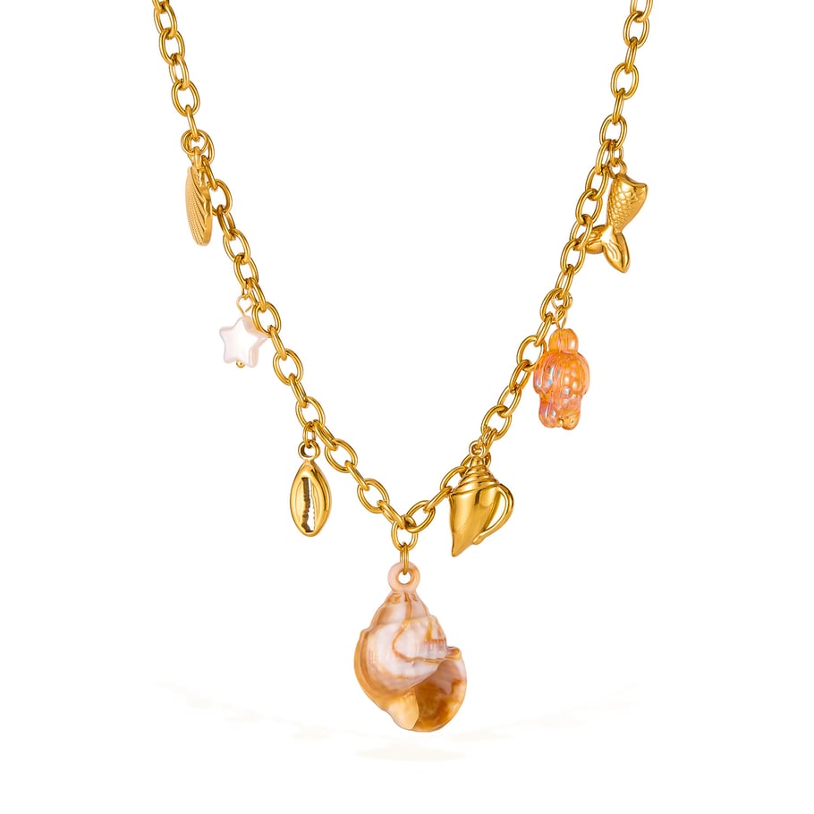 Collier avec pendentif en forme de conque de vacances en acier inoxydable couleur or pour femme, 1 pièce 