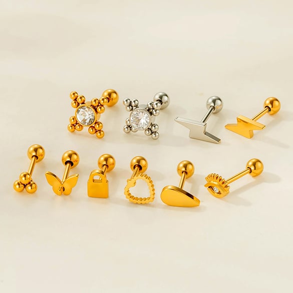 1 pezzo di orecchini con piercing in zircone color oro in acciaio inossidabile 2