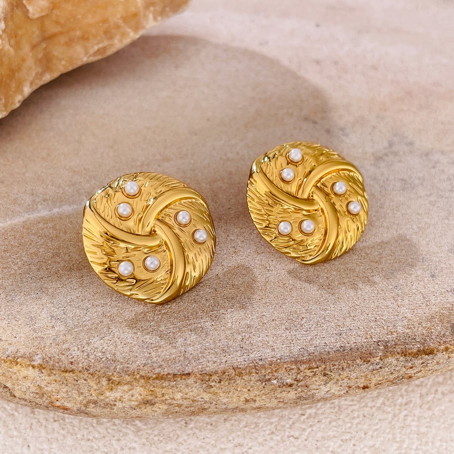 1 par de pendientes de botón de acero inoxidable con perlas artificiales de color dorado y geométricos de uso diario para mujer Imagen3