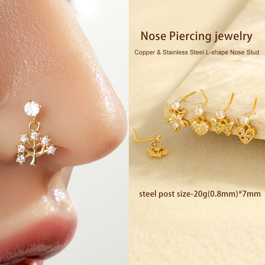 1 paire de piercings de nez pour femme en forme de cœur simple, couleur cuivre et or, zircone Image5