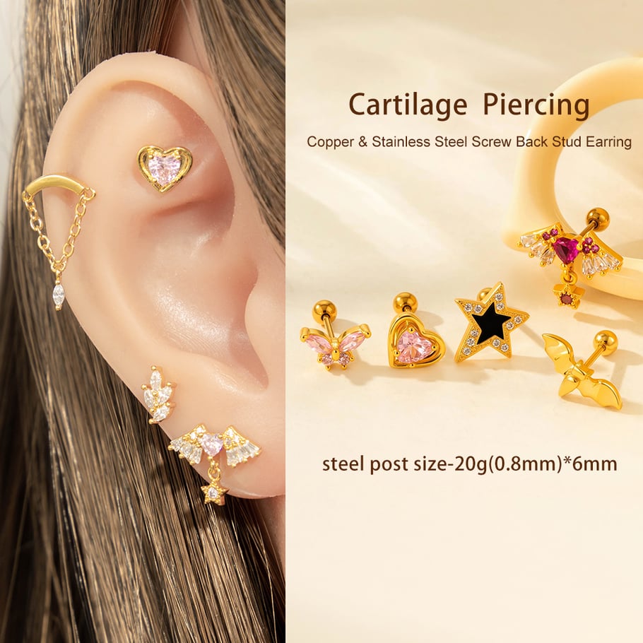 Pendientes de botón de acero de titanio con circonita y corazón brillante para mujer (1 pieza) Imagen5