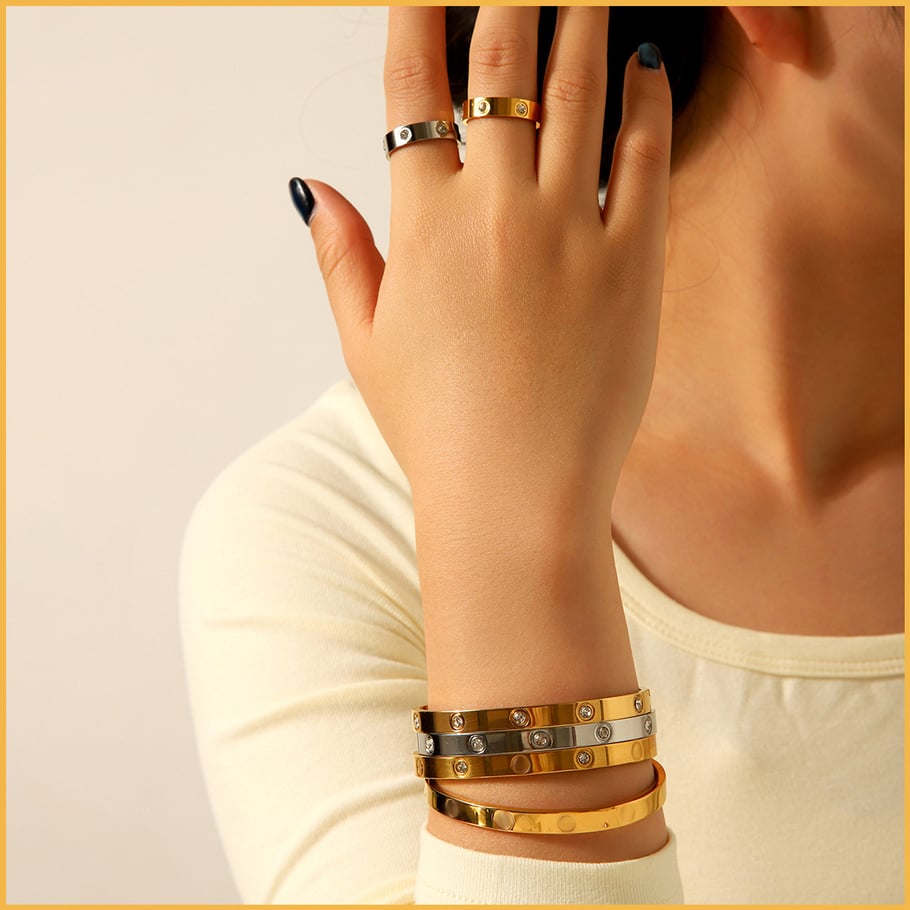1 Pair Simple Series Daily Geometric Stainless Steel   Gold Color  Zircon Women's Bangles Picture4