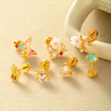 1 Adet Kelebek Bakır Altın Rengi Zirkonyum Piercing Küpe h5 Resim3