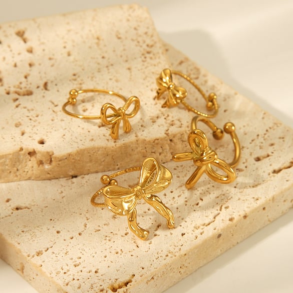 1 Piece Sweet Bow Knot Stainless Steel  Gold Color  Adjustable Ring 2