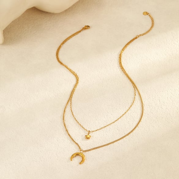 Elegante Sonne/Mond Edelstahl Gold Farbe Damen Layered Halsketten 2