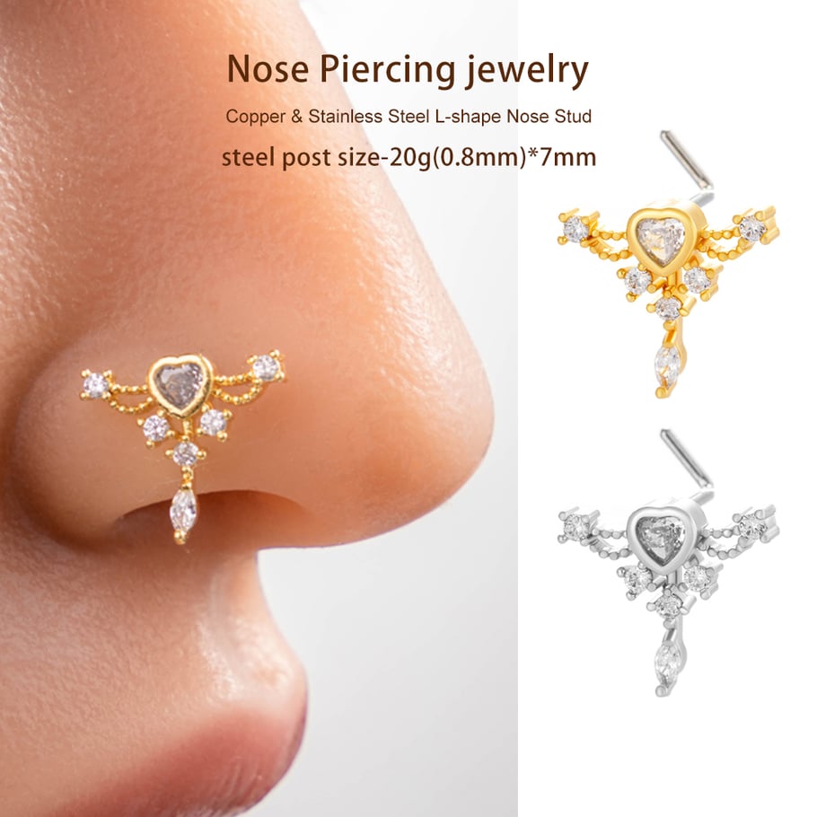 1 pièce de piercing de nez délicat en forme de cœur en cuivre doré et zircon pour femme Image4